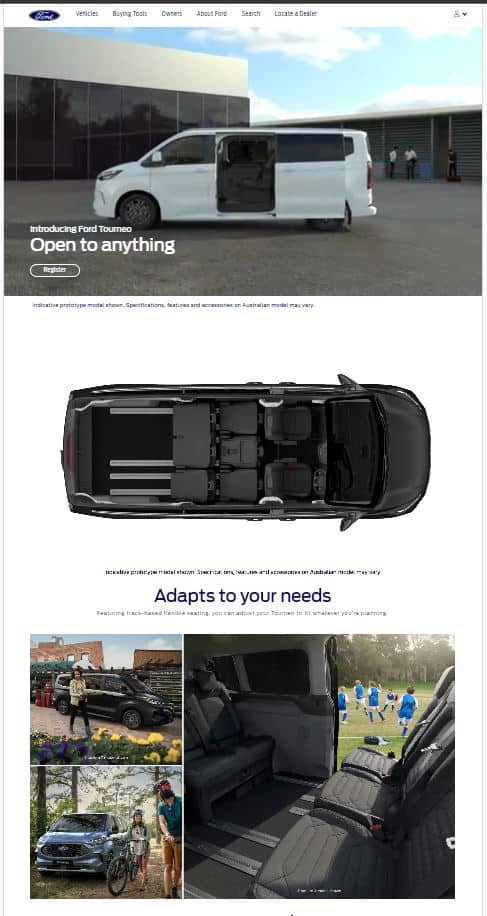 Ford Tourneo white minivan with open sliding door in parking lot, overhead view of interior seating layout, and three smaller photos showing various usage scenarios including cargo transport, family outings, and bike storage