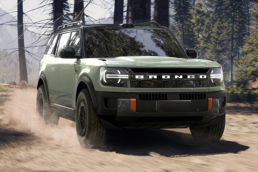 Ford Bronco 2025 SUV driving on a dusty forest road, kicking up dust, with coniferous trees in the background