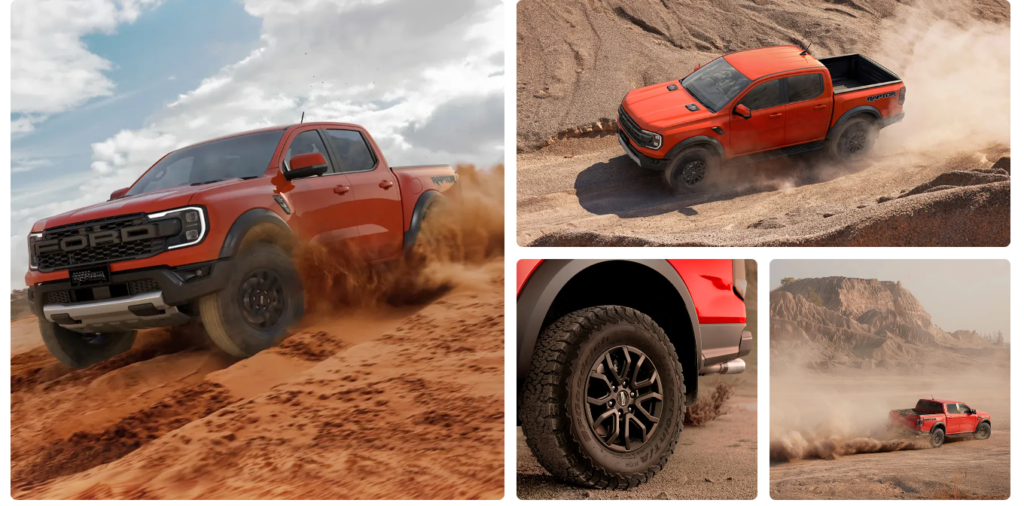 Red Ford Ranger Raptor pickup truck in off-road terrain, shown from multiple angles kicking up dust, with close-up of all-terrain tire and desert landscape backdrop