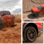 Red Ford Ranger Raptor pickup truck in off-road terrain, shown from multiple angles kicking up dust, with close-up of all-terrain tire and desert landscape backdrop