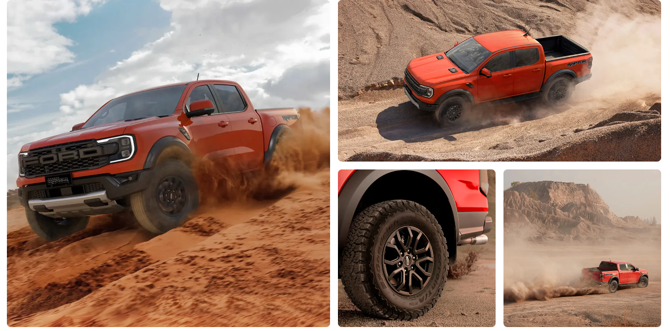 Red Ford Ranger Raptor pickup truck in off-road terrain, shown from multiple angles kicking up dust, with close-up of all-terrain tire and desert landscape backdrop