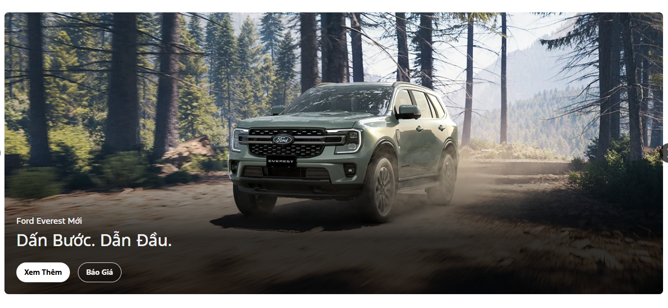 Ford Everest SUV driving on a dusty forest road lined with tall pine trees, kicking up dust clouds behind it
