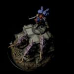 Stylized 3D illustration of a blue and red robot figure standing on top of an ornate, weathered stone base with purple tentacle-like appendages and decorative architectural elements, set against a black background