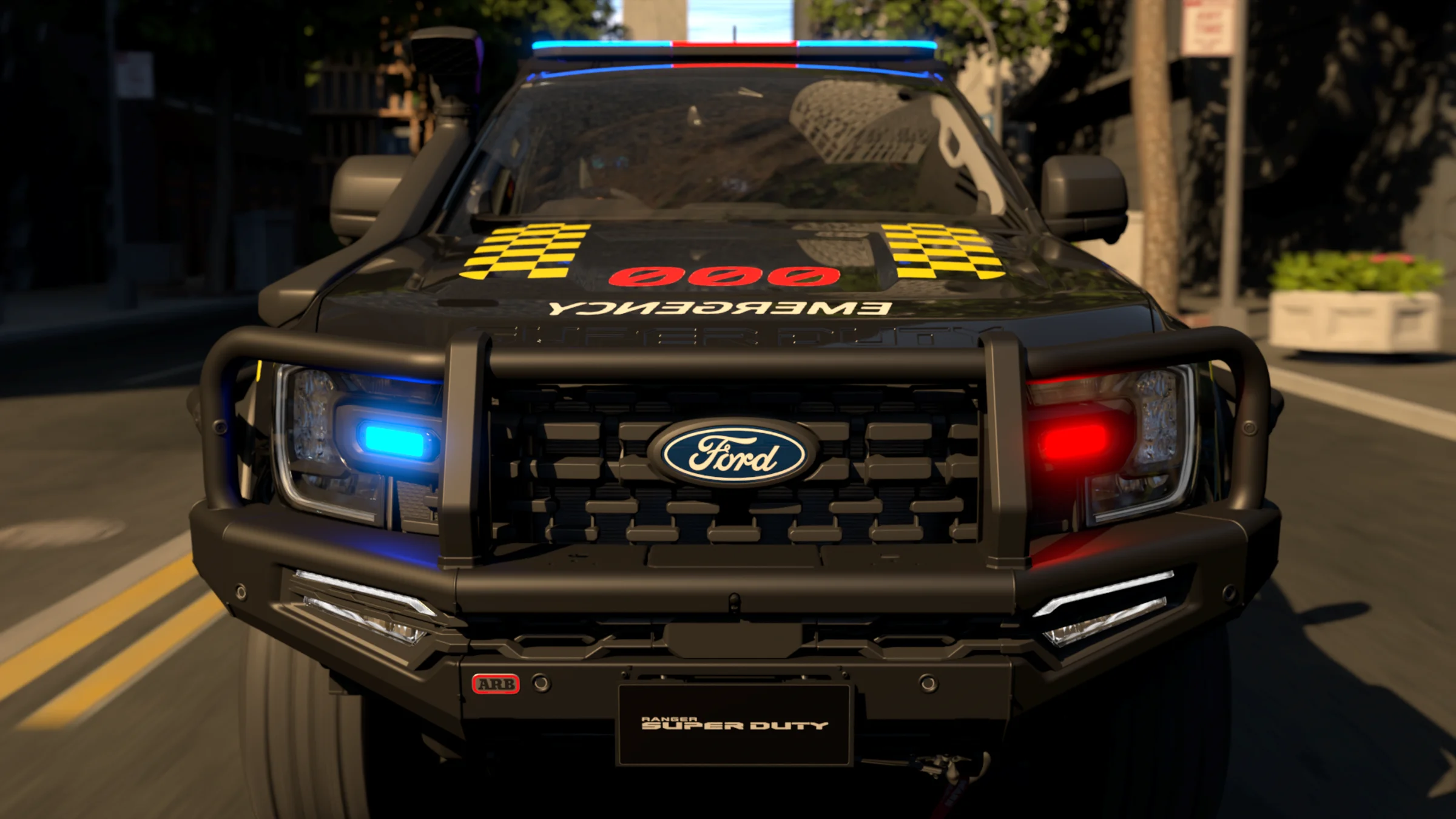 Front view of a black Ford Super Duty police vehicle with blue and red emergency lights, yellow and red checkered hood markings, and a heavy-duty grille guard, parked on a residential street