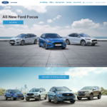 Two Ford promotional layouts showing the Focus compact car lineup in white and blue models, and multiple SUVs arranged on a parking surface with sky backdrop
