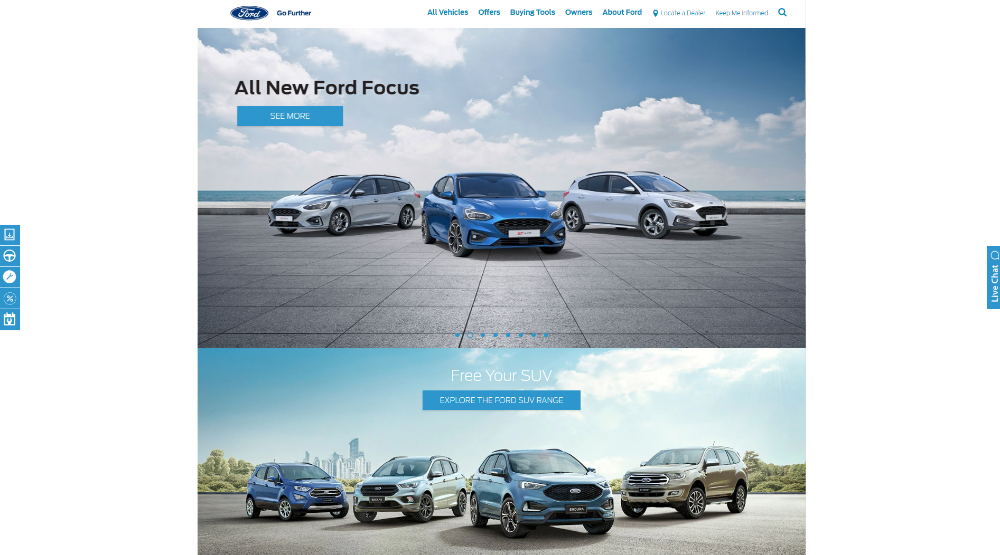 Two Ford promotional layouts showing the Focus compact car lineup in white and blue models, and multiple SUVs arranged on a parking surface with sky backdrop