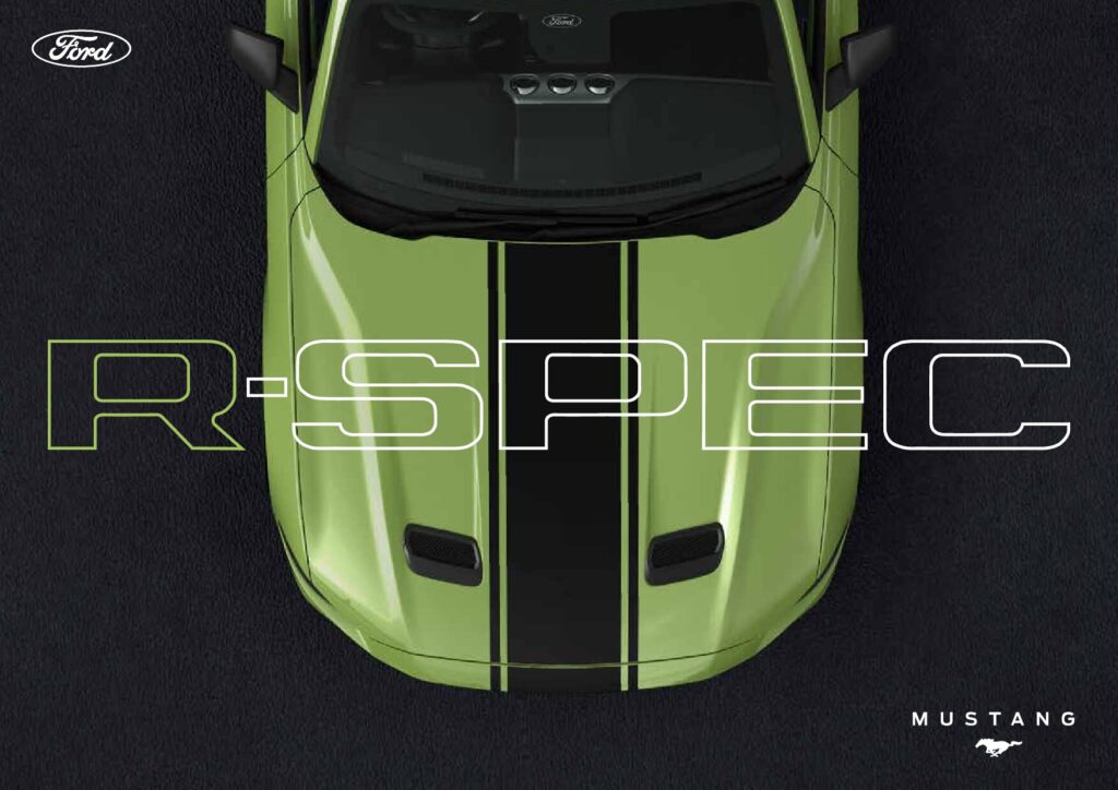 Overhead view of a lime green Ford Mustang with black racing stripes, featuring hood vents and R-Spec badging overlaid in outline text