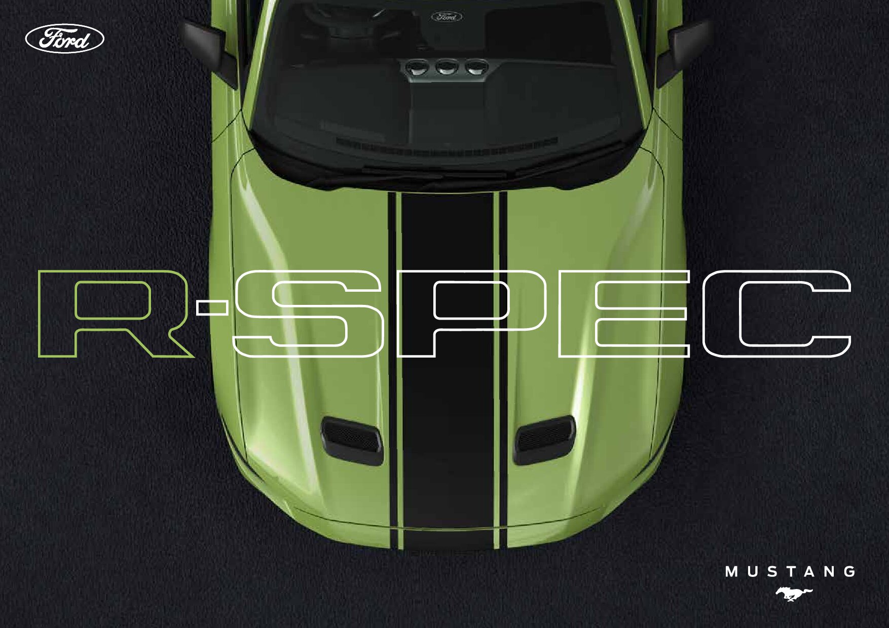 Overhead view of a lime green Ford Mustang with black racing stripes, featuring hood vents and R-Spec badging overlaid in outline text