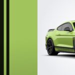 Lime green Ford Mustang R-Spec with black racing stripes, shown from three-quarter front angle against white background, alongside descriptive text panel on left