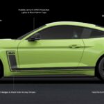 Lime green Ford Mustang R-Spec coupe shown in profile view with labeled callouts identifying performance features including hood vents, badging, stripes, wheels, exhaust system, and suspension upgrades against a dark background