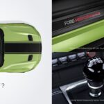 Lime green Ford Mustang R-Spec shown from above with black racing stripes, accompanied by detail shots of Ford Performance badging, interior gear knob, and black wheel