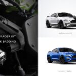 Ford Performance supercharger kit with numbered engine block badging on left; four Mustang R-Spec models in Oxford White, Twister Orange, Velocity Blue, and Grabber Lime on right