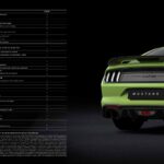 Lime green Mustang R-Spec sports car shown from rear three-quarter angle against dark background, with technical specifications document visible on left side